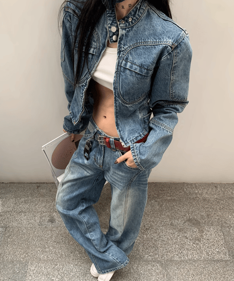 Vintage Mock Neck Denim Setup