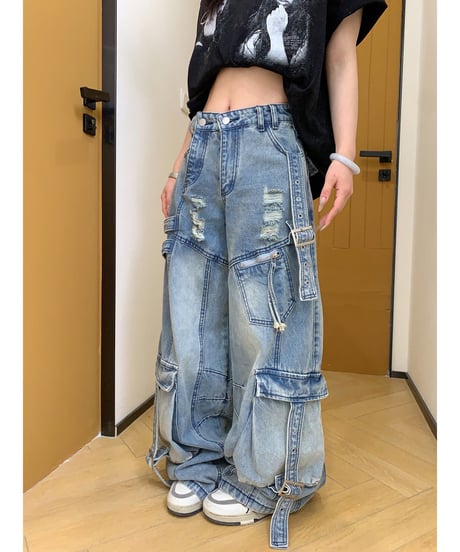 Damage Distressed Oversized Cargo Denim Pants / 2colors