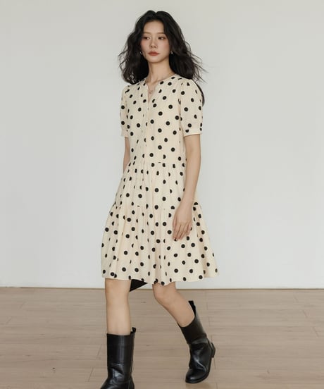 Polka Dot Tiered Short Sleeve Dress