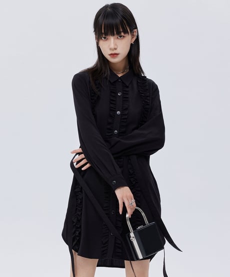 Small Frill Vertical Line Shirt Dress