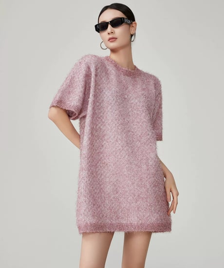 Puff Sleeve Shaggy Knit Mini Dress