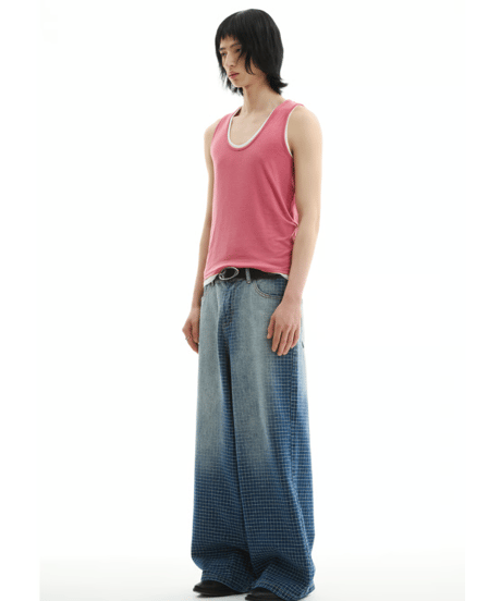 Grid Pattern Wide Straight Denim