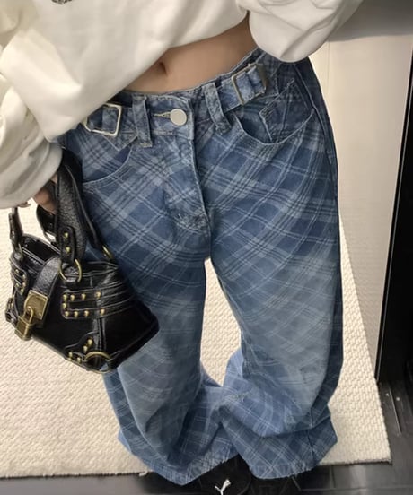 Plaid Pattern Wide Leg Denim Pants / 2colors