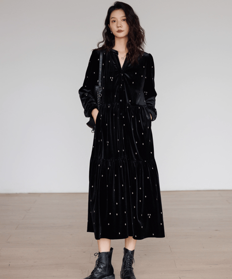 Star-Embroidered Velvet Tiered Long Dress
