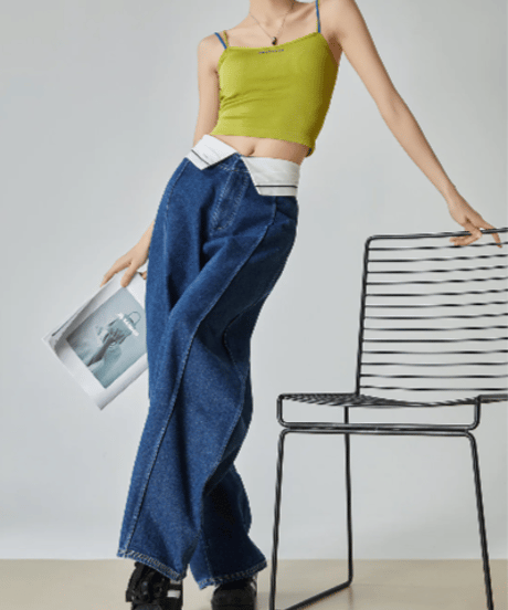 Fold Waist Wide Denim Pants