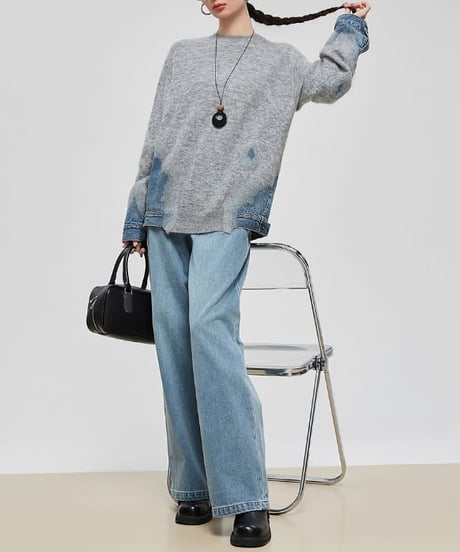 Denim-Docked Oversized Knit Pullover