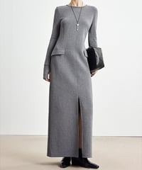 Center-Slit Slim-Fit Long Dresst  / 2colors