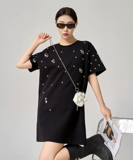 Rhinestone T-shirt Dress  / 2colors