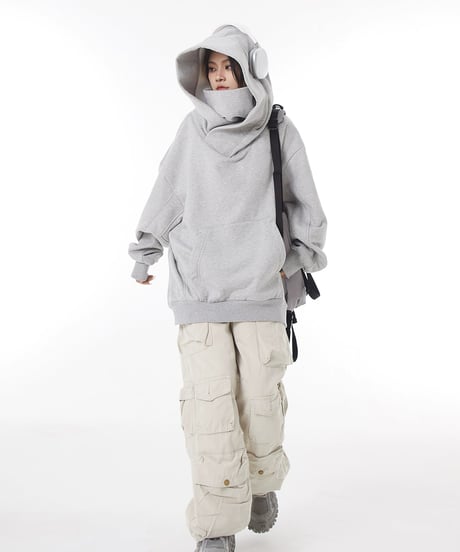 High-Neck Oversized Hooded Sweatshirt with Voluminous Hood / 2colors