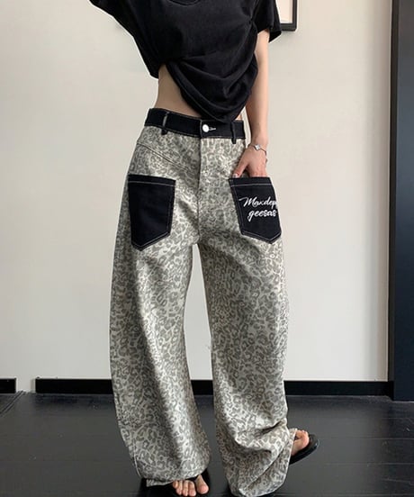 Leopard Pattern Wide Denim Pants / 2colors
