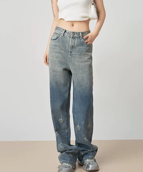 Gradient Star Motif Wide Denim Pants
