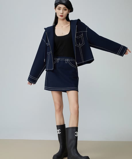 Stitch Design Denim-Style Hooded Jacket & Mini Skirt Set
