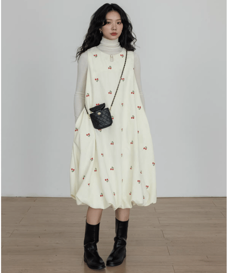 Cherry Embroidery Balloon Onepiece