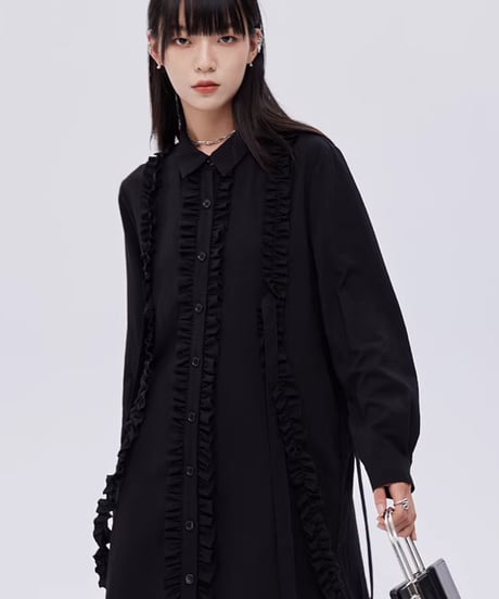 Small Frill Vertical Line Shirt Dress