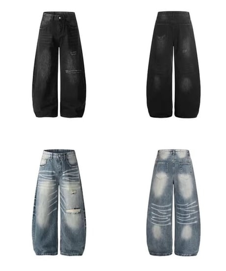 Vintage-Wash Distressed Wide-Leg Denim Pants / 2colors