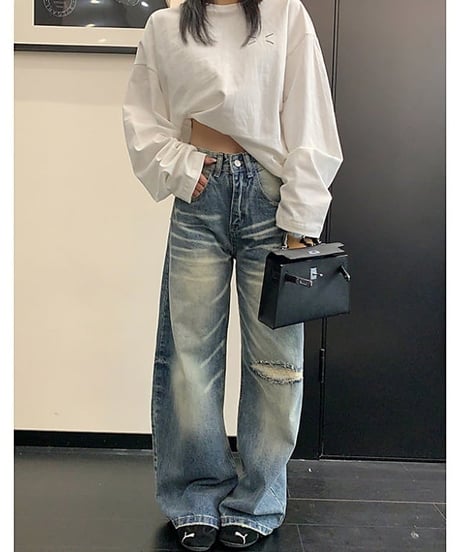 Vintage-Wash Distressed Wide-Leg Denim Pants / 2colors