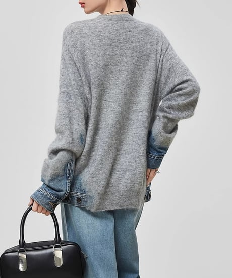 Denim-Docked Oversized Knit Pullover