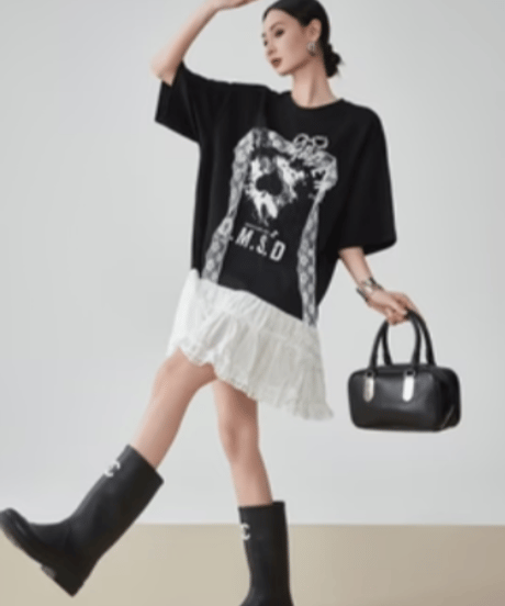 Graphic Print Lace Docking T-Shirt Mini Dress