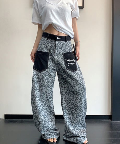 Leopard Pattern Wide Denim Pants / 2colors