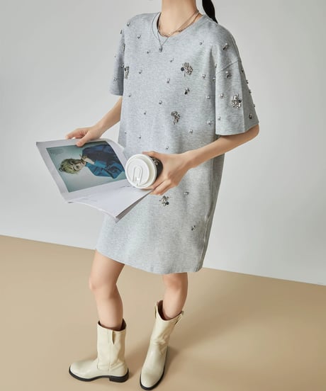 Rhinestone T-shirt Dress  / 2colors