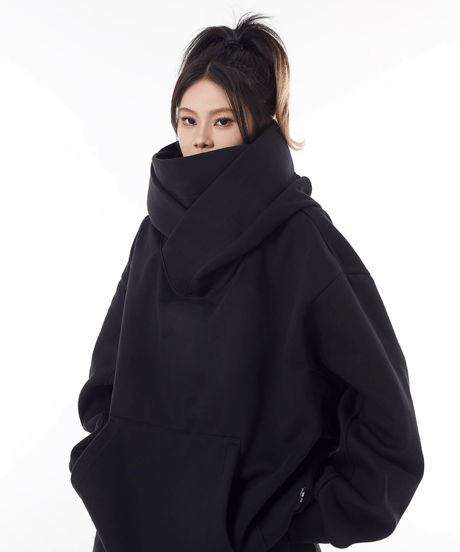 High-Neck Oversized Hooded Sweatshirt with Voluminous Hood / 2colors