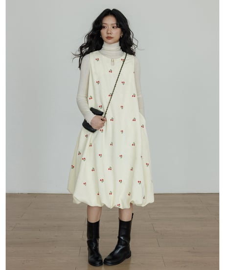 Cherry Embroidery Balloon Onepiece