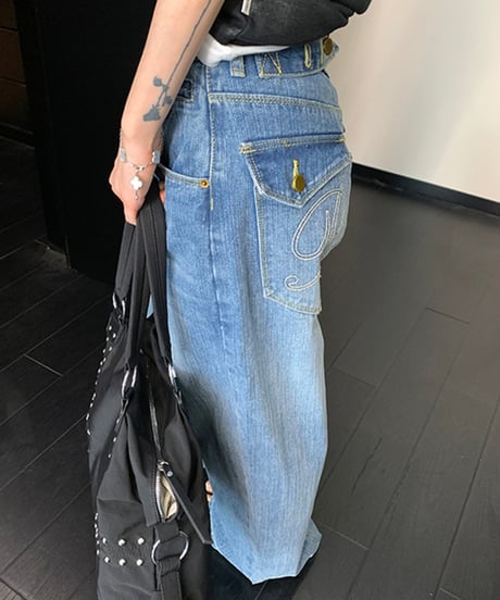 Back Belt Detail Wide Denim Pants