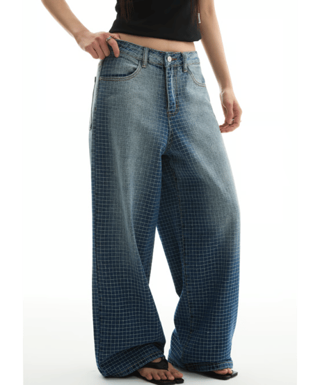 Grid Pattern Wide Straight Denim