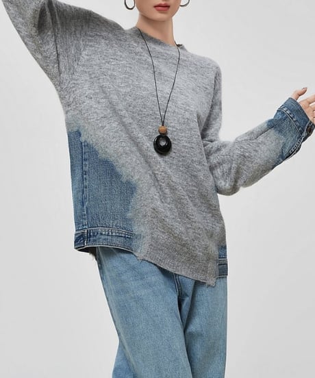 Denim-Docked Oversized Knit Pullover