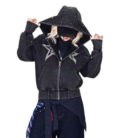 Rhinestone Star Vintage Zip-up Hoodie