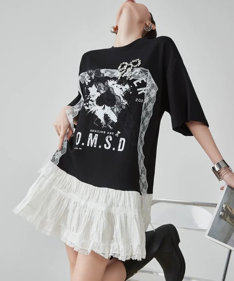 Graphic Print Lace Docking T-Shirt Mini Dress