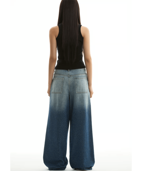 Grid Pattern Wide Straight Denim