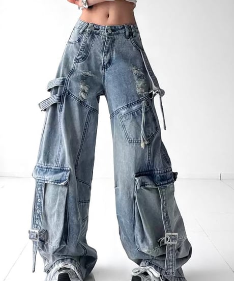 Damage Distressed Oversized Cargo Denim Pants / 2colors