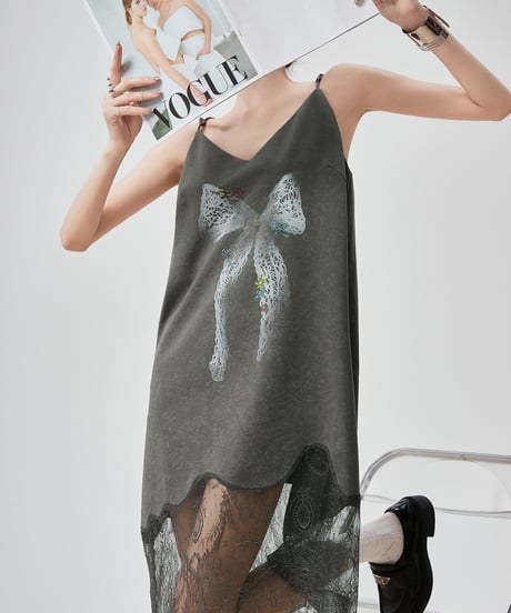 Ribbon Motif Lace Spliced Camisole Dress