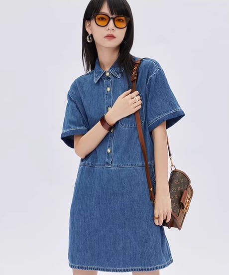 Polo Collar Denim Shirt Dress