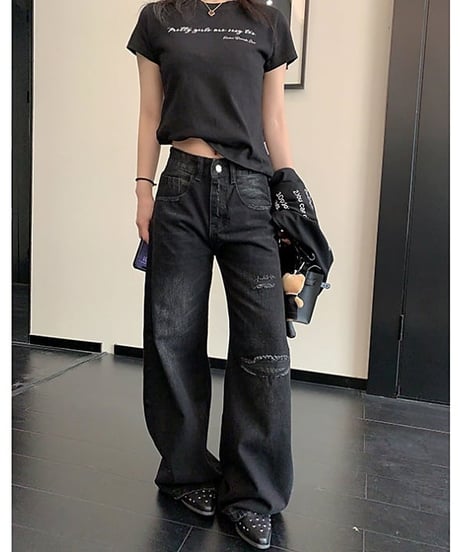 Vintage-Wash Distressed Wide-Leg Denim Pants / 2colors
