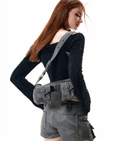 Washed Leather Multi-Pocket Shoulder Bag