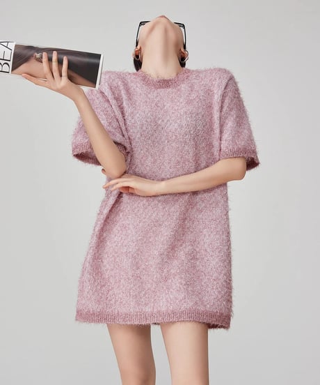 Puff Sleeve Shaggy Knit Mini Dress