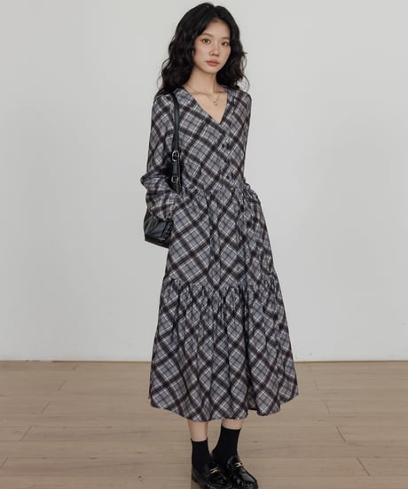 Check Tiered Long Onepiece  / 3colors