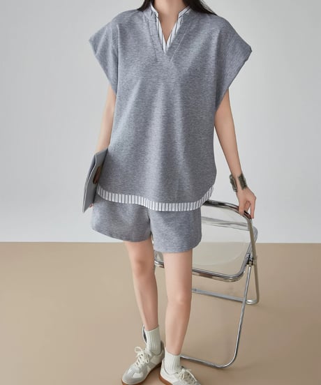 Layered Stripe Key Neck Top & Shorts Set