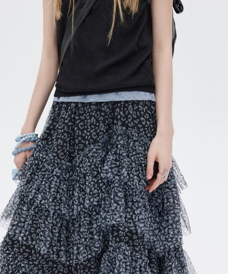 Flower Mesh Tiered Long Skirt