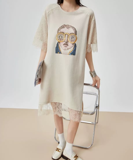 Artistic Graphic Lace Trim T-Shirt Dress