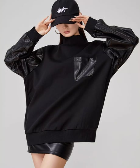Faux Leather Sleeve High Neck Oversized Sweatshirt
