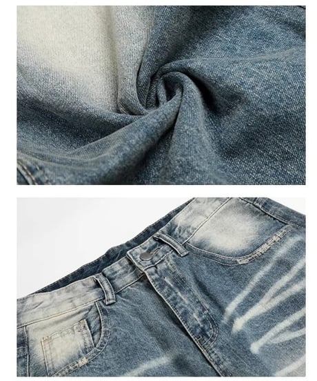 Vintage-Wash Distressed Wide-Leg Denim Pants / 2colors