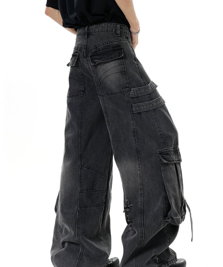 Damage Distressed Oversized Cargo Denim Pants / 2colors