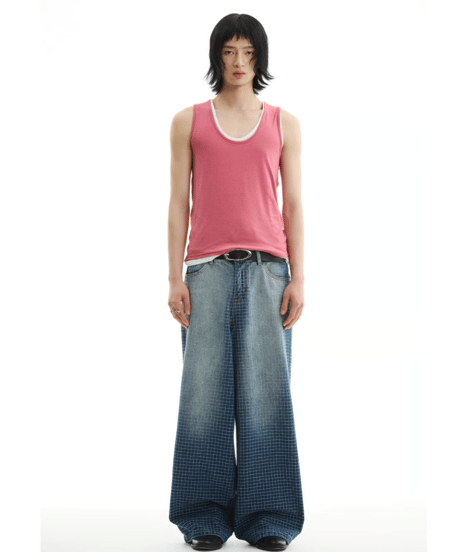 Grid Pattern Wide Straight Denim