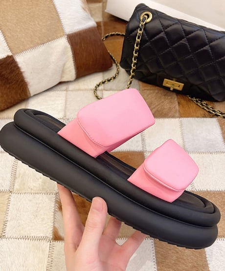 Double Strap Puffy Flat Sandals / 3colors