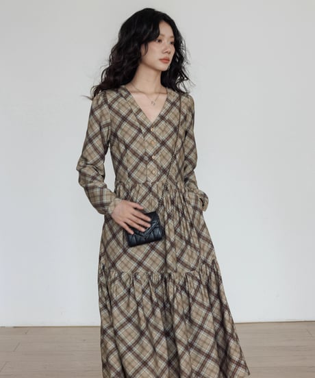 Check Tiered Long Onepiece  / 3colors