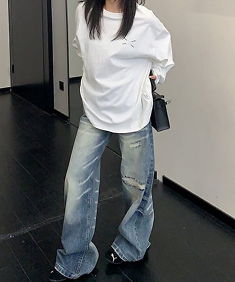 Vintage-Wash Distressed Wide-Leg Denim Pants / 2colors