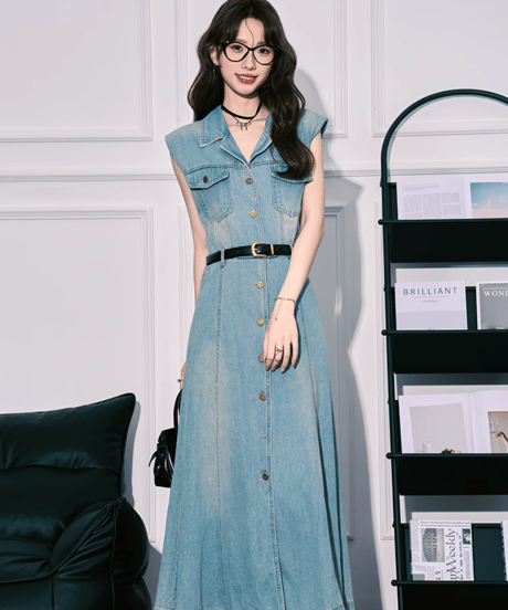 Classic Denim Belted Long Dress